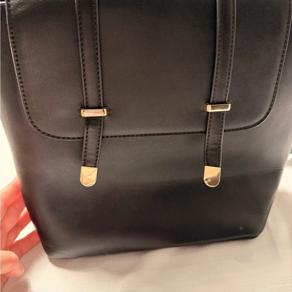 Classic Black Faux Leather Backpack with Gold Accents